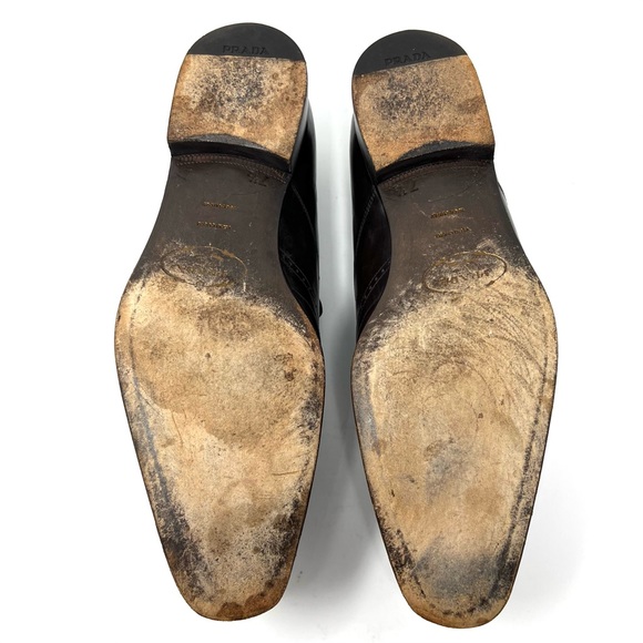 AUTHENTIC! Prada Brown Leather Cut Out Perforated Wingtip Loafers Size 7.5 - Picture 9 of 12